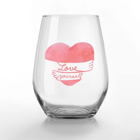 15oz. Love Yourself Heart Hug Printed Stemless Wine Glass